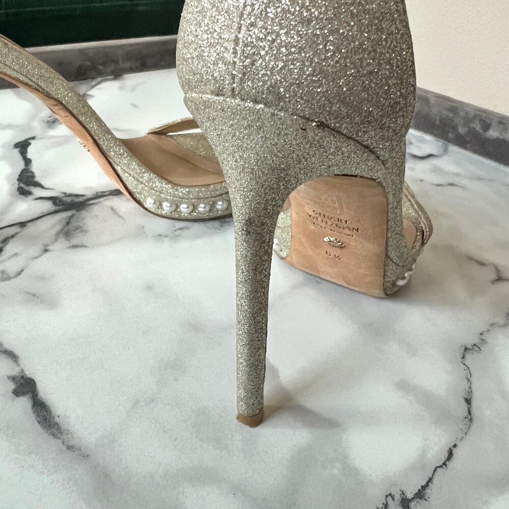 Stuart Weitzman Nudist Disco Pearl Gold Glitter Heels - Picture 2 of 9